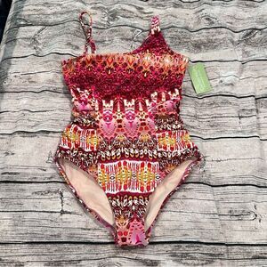 NWT Garnet Hill Asymmetrical One Piece Swimsuit in Pink and Orange Size 8